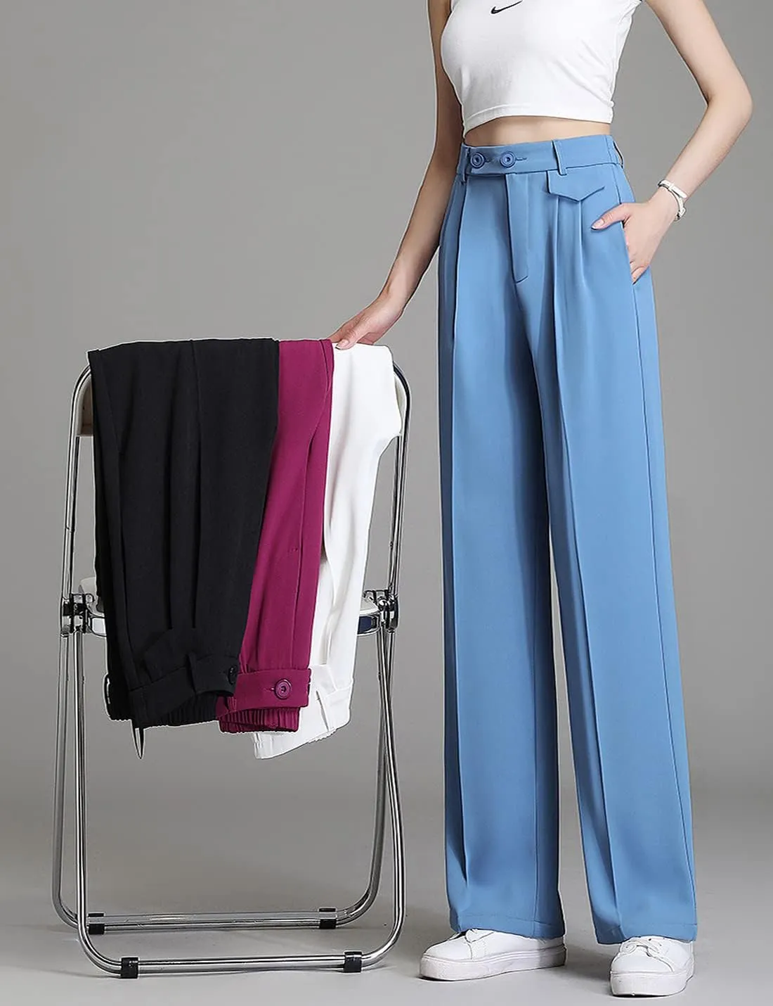 Snoly Women's Spring Summer Wide Leg Suit Trousers Full Length High Waist Drape Loose Straight Casual Pants