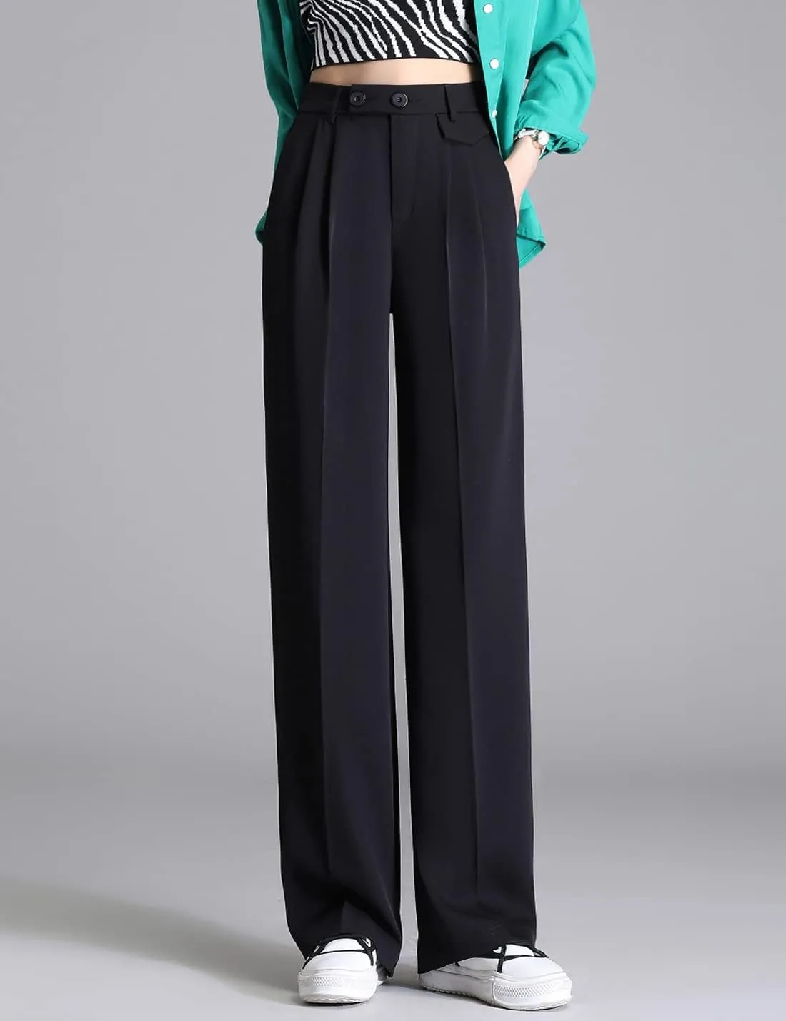 Snoly Women's Spring Summer Wide Leg Suit Trousers Full Length High Waist Drape Loose Straight Casual Pants