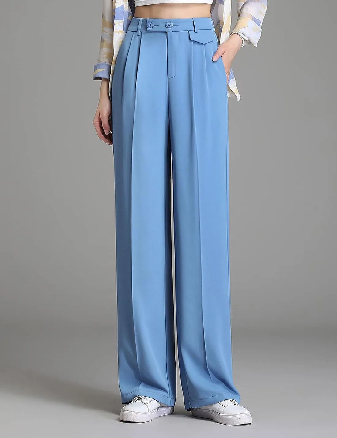 Snoly Women's Spring Summer Wide Leg Suit Trousers Full Length High Waist Drape Loose Straight Casual Pants