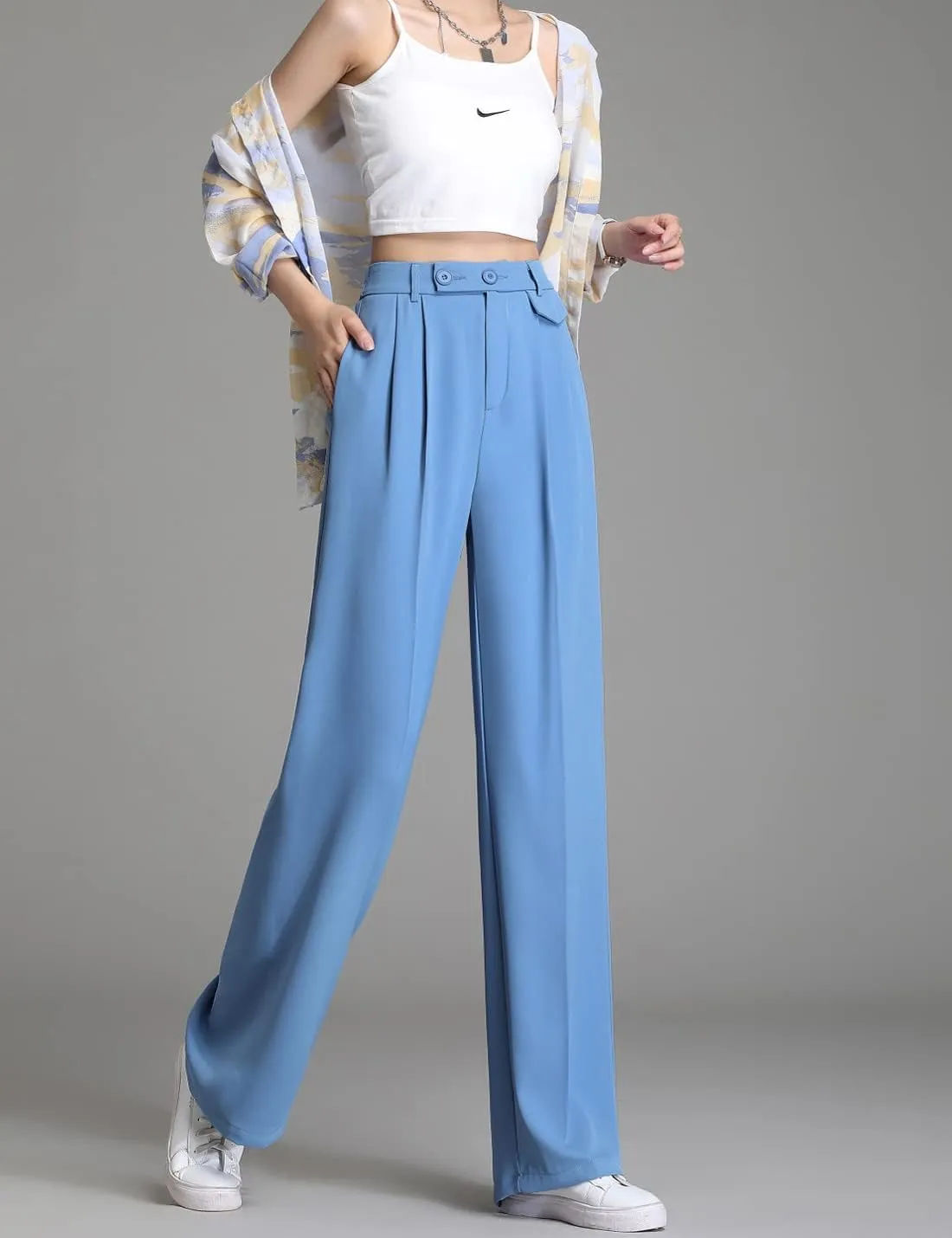 Snoly Women's Spring Summer Wide Leg Suit Trousers Full Length High Waist Drape Loose Straight Casual Pants