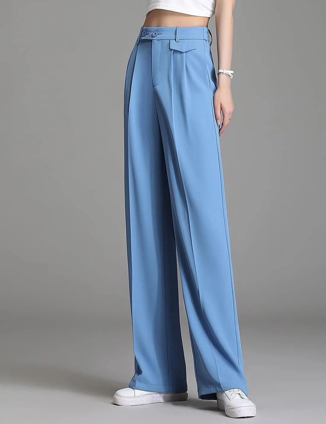Snoly Women's Spring Summer Wide Leg Suit Trousers Full Length High Waist Drape Loose Straight Casual Pants
