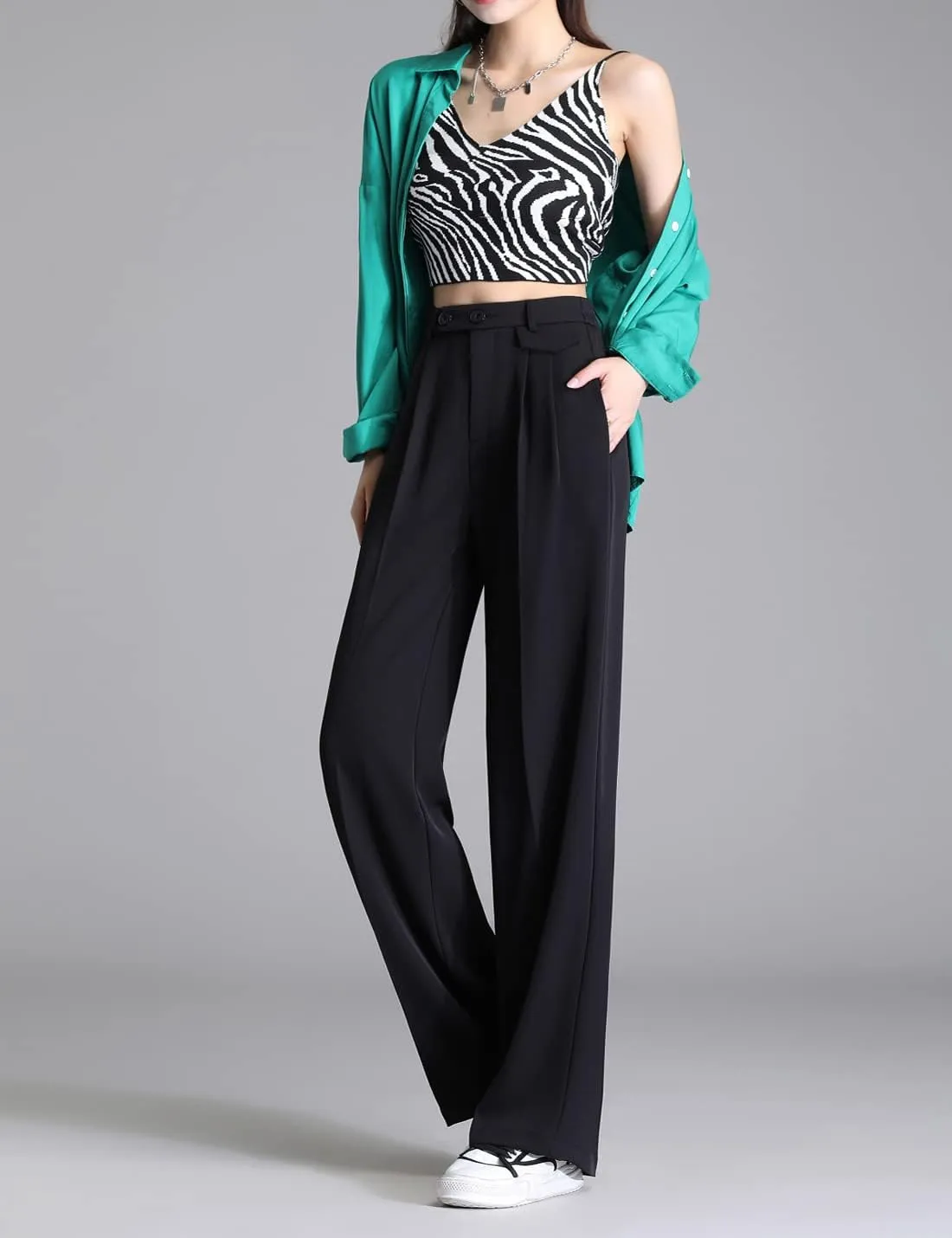 Snoly Women's Spring Summer Wide Leg Suit Trousers Full Length High Waist Drape Loose Straight Casual Pants