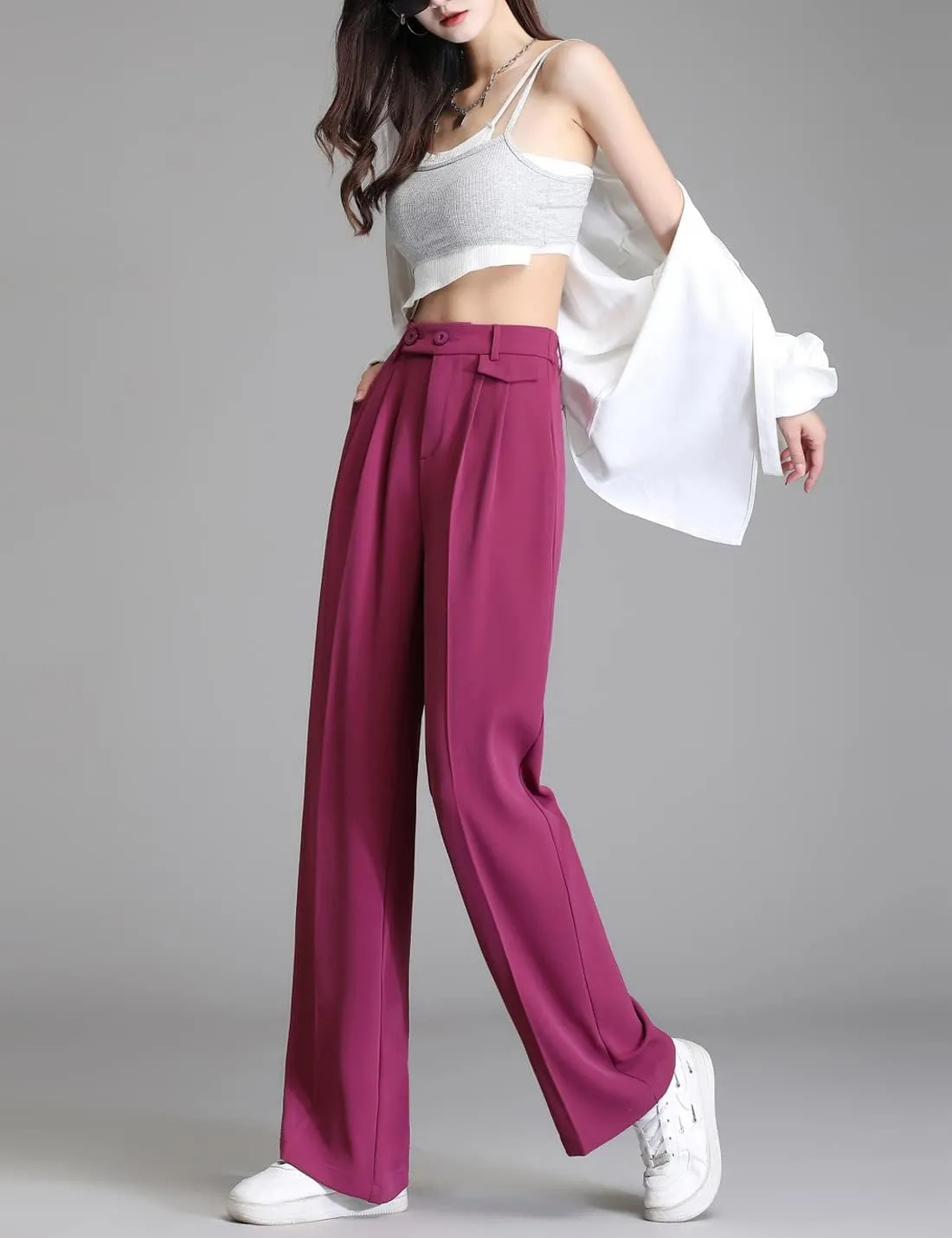 Snoly Women's Spring Summer Wide Leg Suit Trousers Full Length High Waist Drape Loose Straight Casual Pants