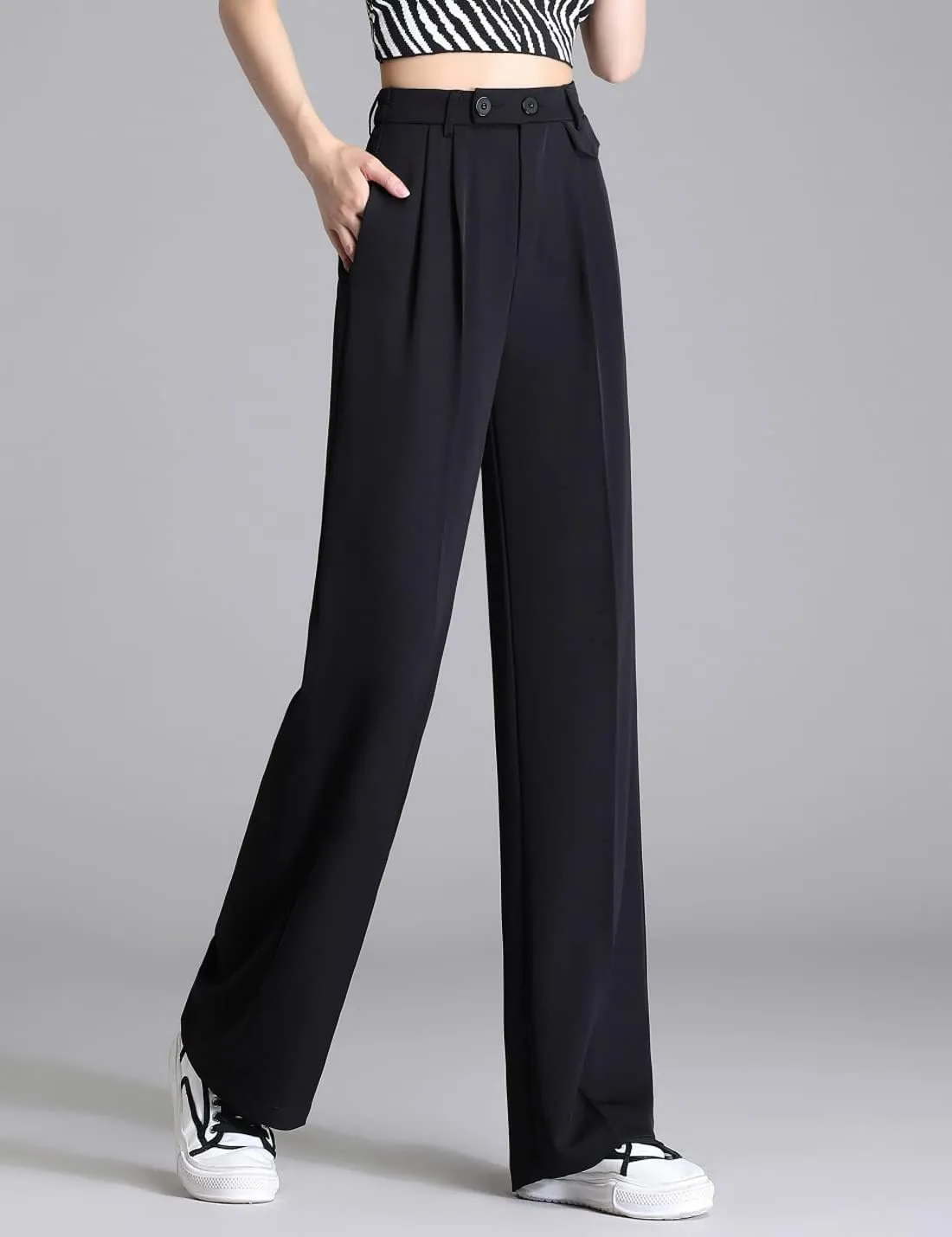 Snoly Women's Spring Summer Wide Leg Suit Trousers Full Length High Waist Drape Loose Straight Casual Pants