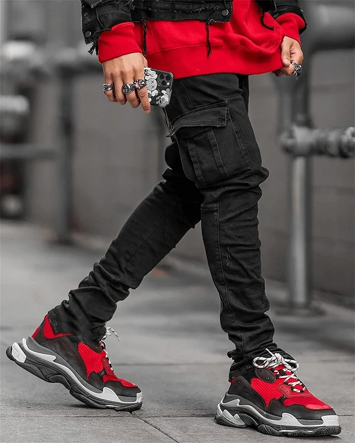 Soluo Men's Slim Fit Straight Leg Elastic Cargo Pant Fashion Casual Skinny Denim Jeans Multi Pocket Trousers