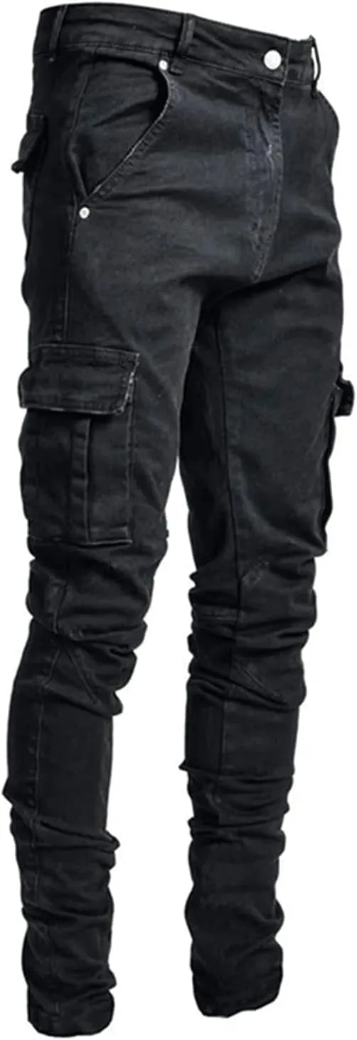 Soluo Men's Slim Fit Straight Leg Elastic Cargo Pant Fashion Casual Skinny Denim Jeans Multi Pocket Trousers
