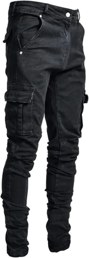 Soluo Men's Slim Fit Straight Leg Elastic Cargo Pant Fashion Casual Skinny Denim Jeans Multi Pocket Trousers