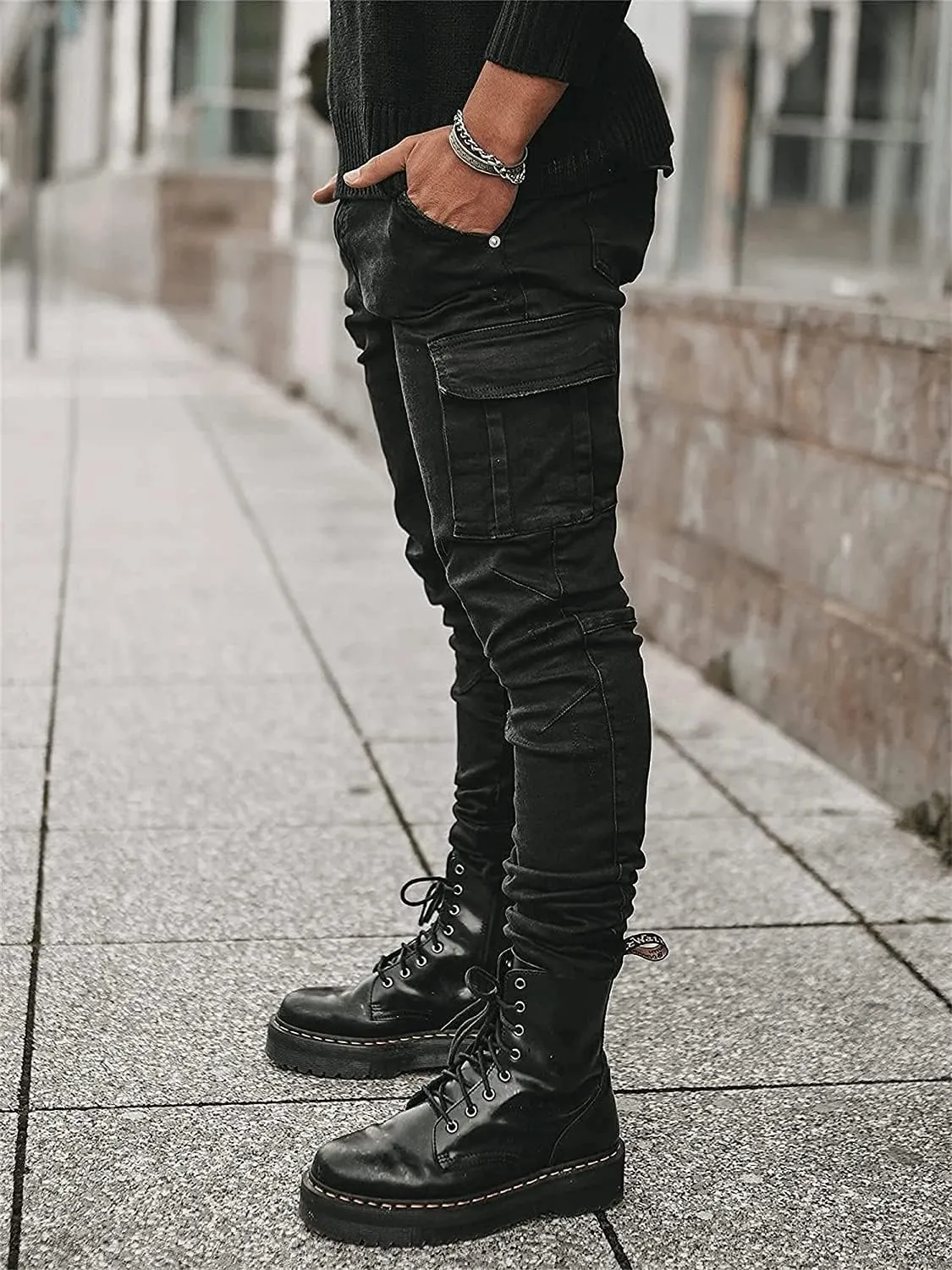 Soluo Men's Slim Fit Straight Leg Elastic Cargo Pant Fashion Casual Skinny Denim Jeans Multi Pocket Trousers