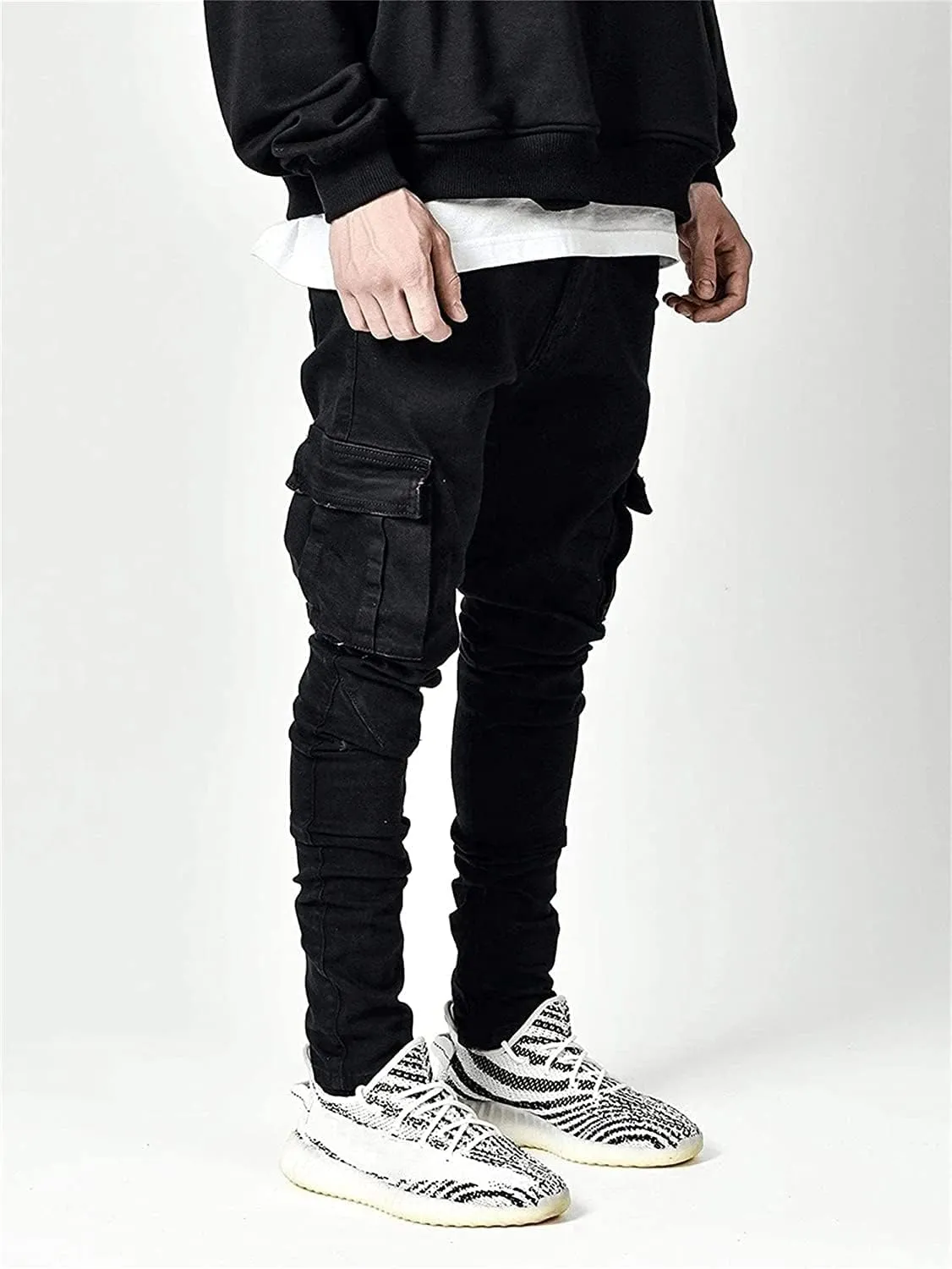 Soluo Men's Slim Fit Straight Leg Elastic Cargo Pant Fashion Casual Skinny Denim Jeans Multi Pocket Trousers