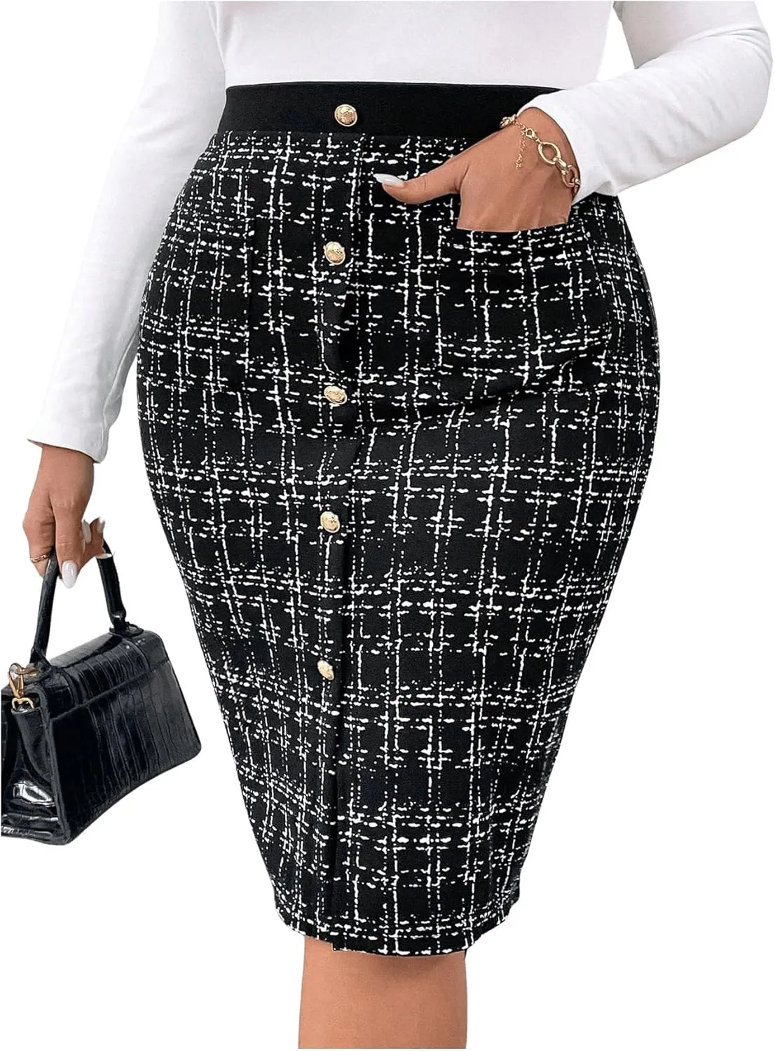 SOLY HUX Women's Plus Size Skirt Plaid Button Front High Waisted Split Hem Work Pencil Skirts with Pockets