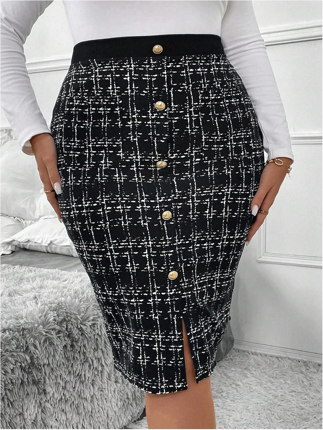 SOLY HUX Women's Plus Size Skirt Plaid Button Front High Waisted Split Hem Work Pencil Skirts with Pockets