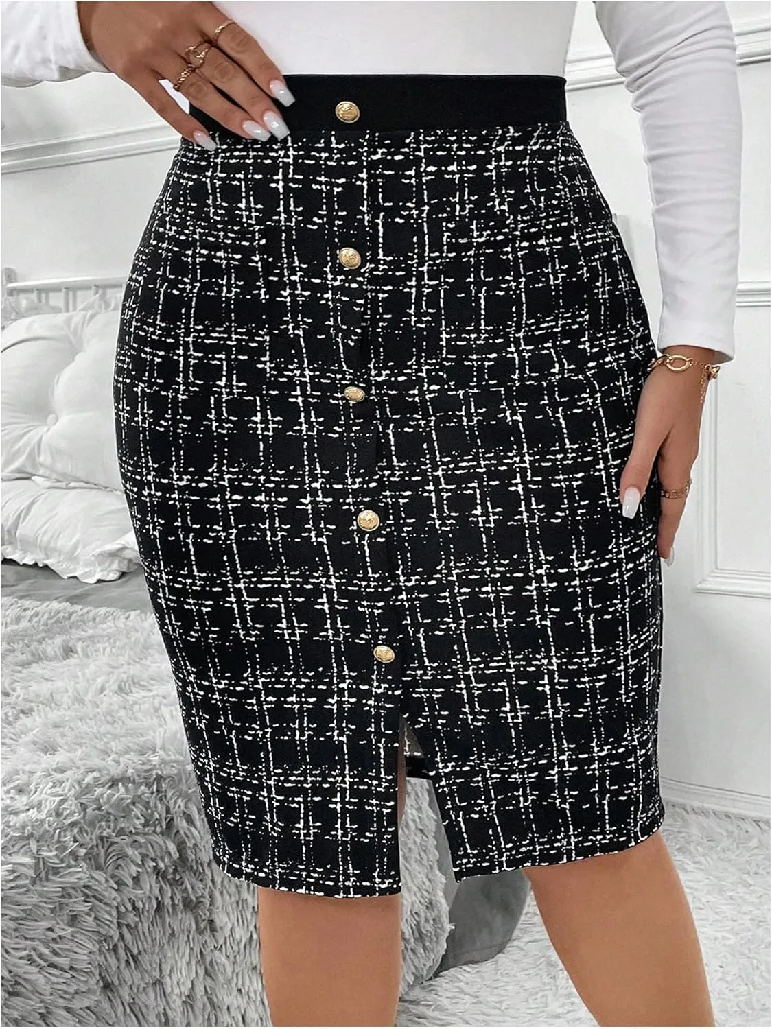 SOLY HUX Women's Plus Size Skirt Plaid Button Front High Waisted Split Hem Work Pencil Skirts with Pockets