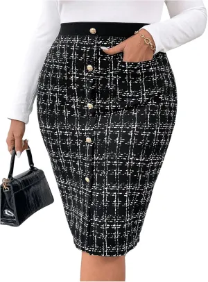 SOLY HUX Women's Plus Size Skirt Plaid Button Front High Waisted Split Hem Work Pencil Skirts with Pockets