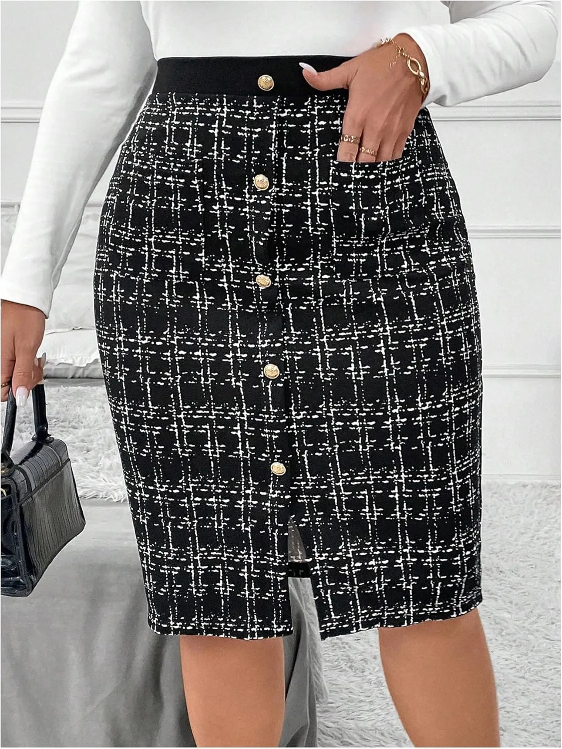 SOLY HUX Women's Plus Size Skirt Plaid Button Front High Waisted Split Hem Work Pencil Skirts with Pockets