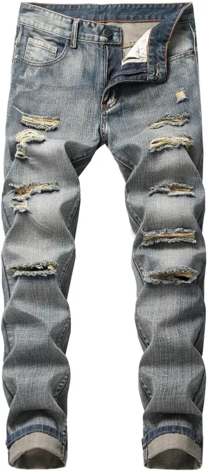 Stretch Stacked Jeans for Men Ripped Slim Fit Straight Leg Hip Hop Trousers Fashion Distressed Skinny Denim Pants