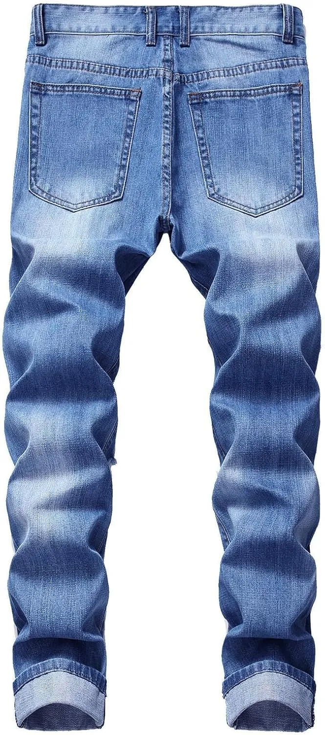 Stretch Stacked Jeans for Men Ripped Slim Fit Straight Leg Hip Hop Trousers Fashion Distressed Skinny Denim Pants