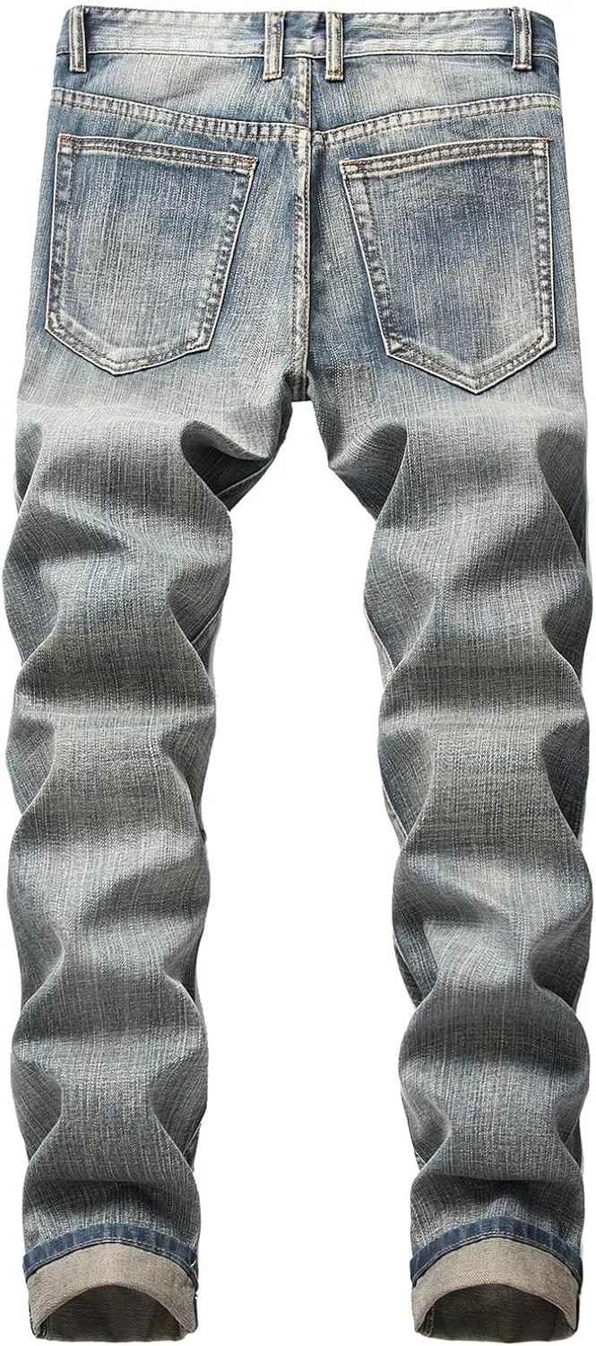 Stretch Stacked Jeans for Men Ripped Slim Fit Straight Leg Hip Hop Trousers Fashion Distressed Skinny Denim Pants
