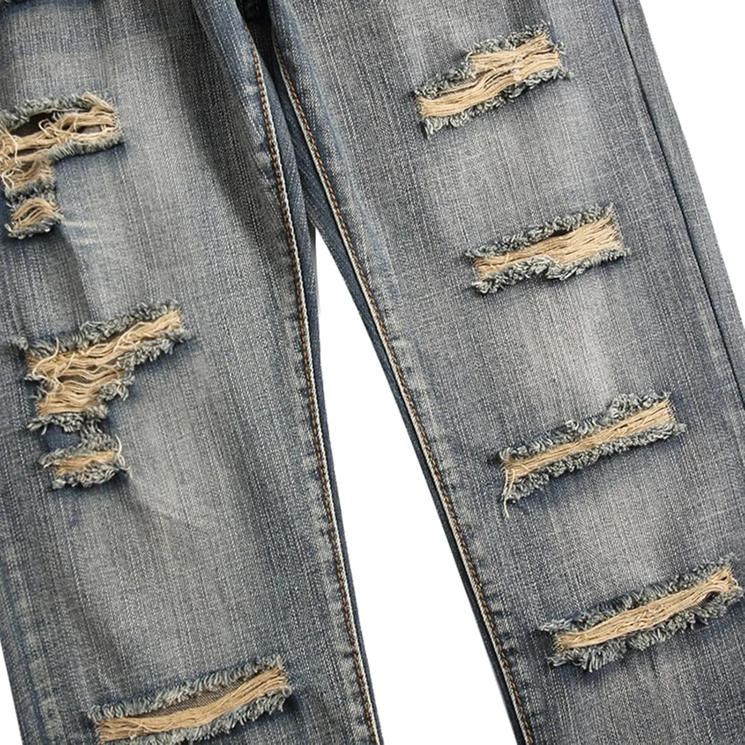 Stretch Stacked Jeans for Men Ripped Slim Fit Straight Leg Hip Hop Trousers Fashion Distressed Skinny Denim Pants