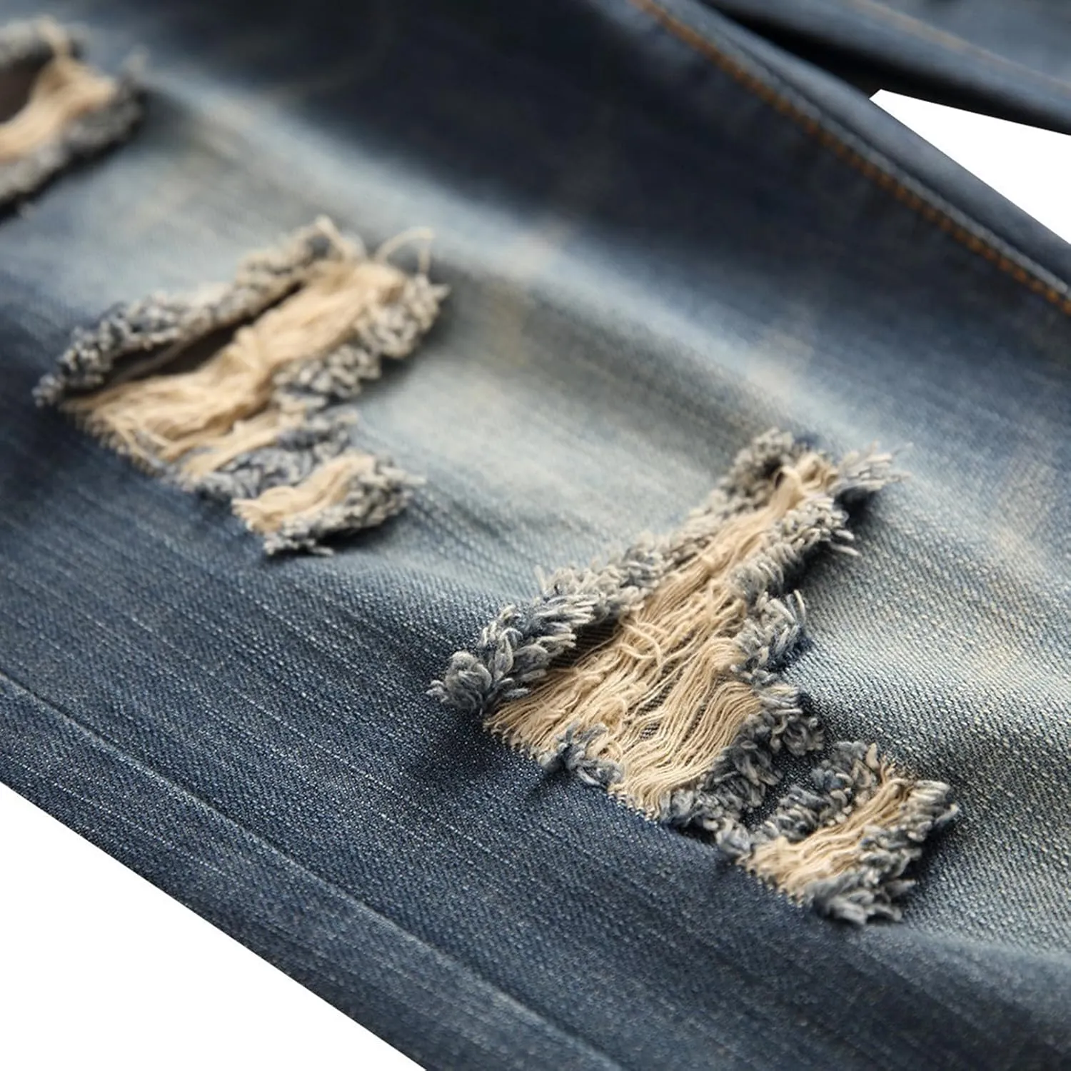 Stretch Stacked Jeans for Men Ripped Slim Fit Straight Leg Hip Hop Trousers Fashion Distressed Skinny Denim Pants