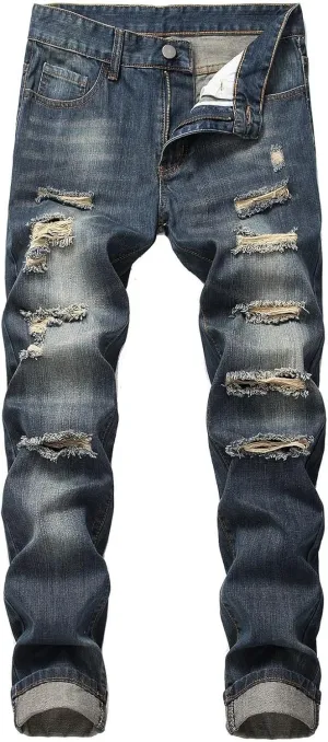 Stretch Stacked Jeans for Men Ripped Slim Fit Straight Leg Hip Hop Trousers Fashion Distressed Skinny Denim Pants