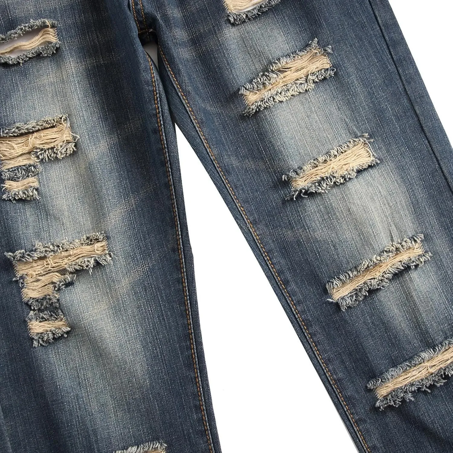 Stretch Stacked Jeans for Men Ripped Slim Fit Straight Leg Hip Hop Trousers Fashion Distressed Skinny Denim Pants