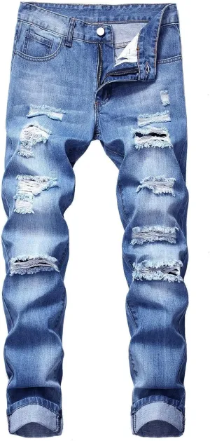 Stretch Stacked Jeans for Men Ripped Slim Fit Straight Leg Hip Hop Trousers Fashion Distressed Skinny Denim Pants