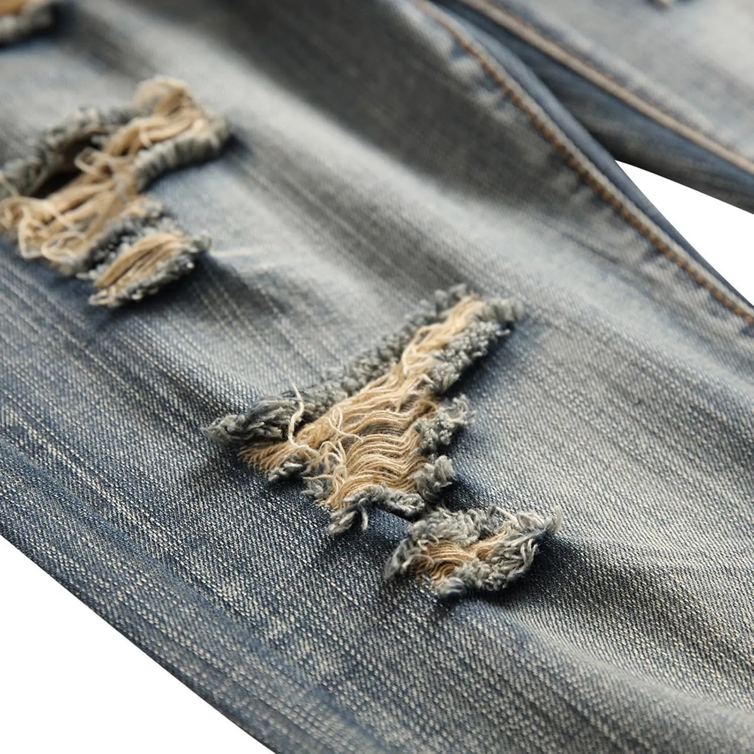 Stretch Stacked Jeans for Men Ripped Slim Fit Straight Leg Hip Hop Trousers Fashion Distressed Skinny Denim Pants