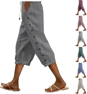 Striped Linen Pants Women Casual Capri Pants Loose Spring Summer Lightweight Drawstring Side Button Pants with Pockets