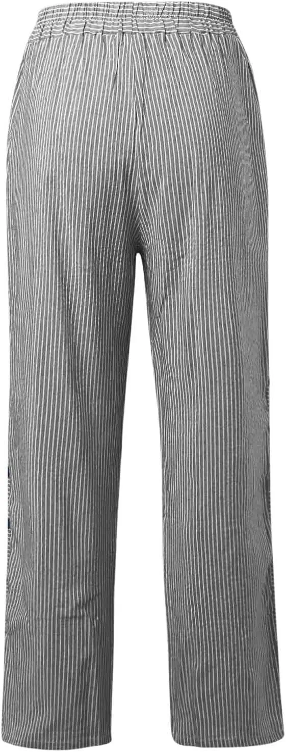Striped Pants for Women Summer Trendy Side Button Elastic Waist Straight Leg Beach Casual Trousers with Pockets