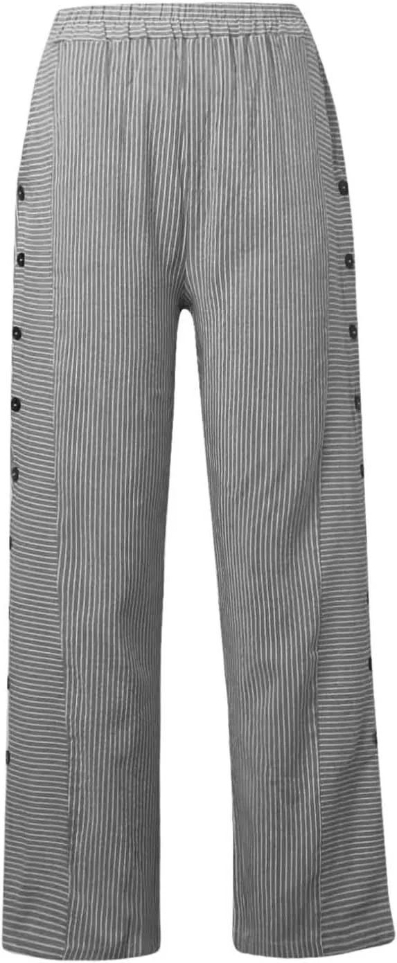 Striped Pants for Women Summer Trendy Side Button Elastic Waist Straight Leg Beach Casual Trousers with Pockets