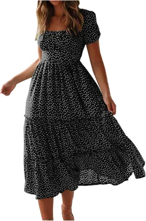 Summer Bohemian Dot Print Dresses for Women 2024 Short Sleeve Square Neck Tunic Dress Tiered Pleated A Line Sundress