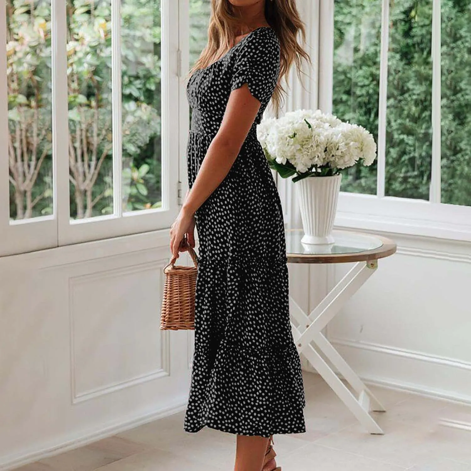 Summer Bohemian Dot Print Dresses for Women 2024 Short Sleeve Square Neck Tunic Dress Tiered Pleated A Line Sundress