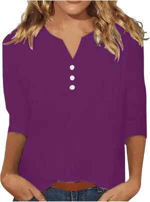 Summer Cotton Linen Shirts for Women 2025 Casual 3/4 Sleeve Tunic Shirts Spring Vacation Fashion Clothes