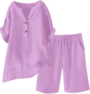 Summer Cotton Linen Tracksuit for Women 2 Piece Outfits Short Sleeve Henley T Shirt and Shorts Plus Size Casual Sets
