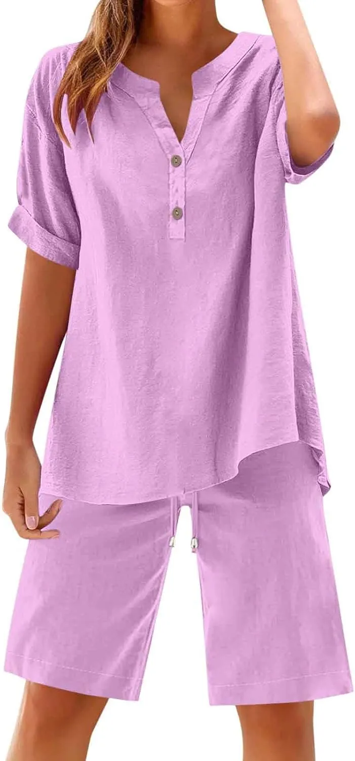 Summer Cotton Linen Tracksuit for Women 2 Piece Outfits Short Sleeve Henley T Shirt and Shorts Plus Size Casual Sets