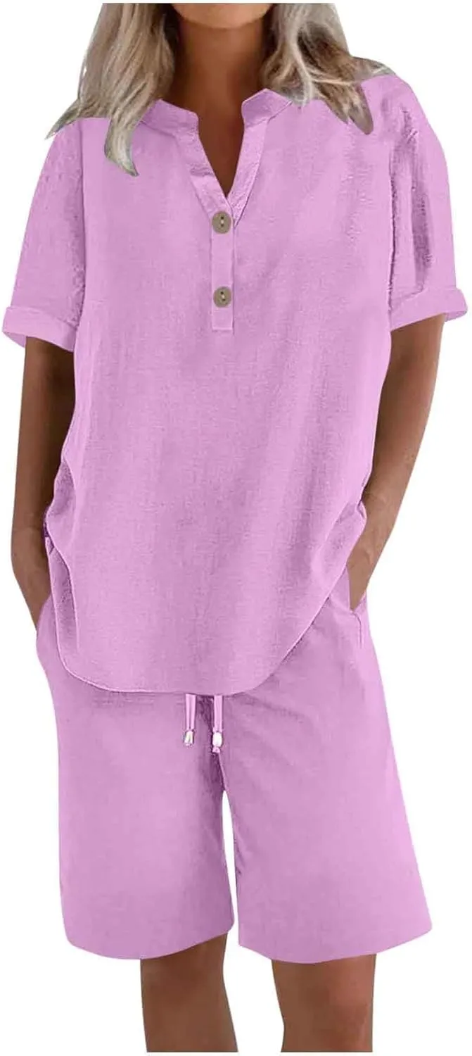 Summer Cotton Linen Tracksuit for Women 2 Piece Outfits Short Sleeve Henley T Shirt and Shorts Plus Size Casual Sets