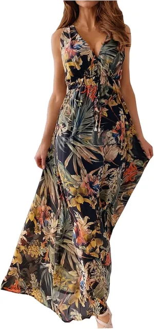 Summer Dresses for Women 2024 Spring Trendy Elegant Wrap V Neck Floral Boho Dress Flowy Ruched Hawaiian Beach Maxi