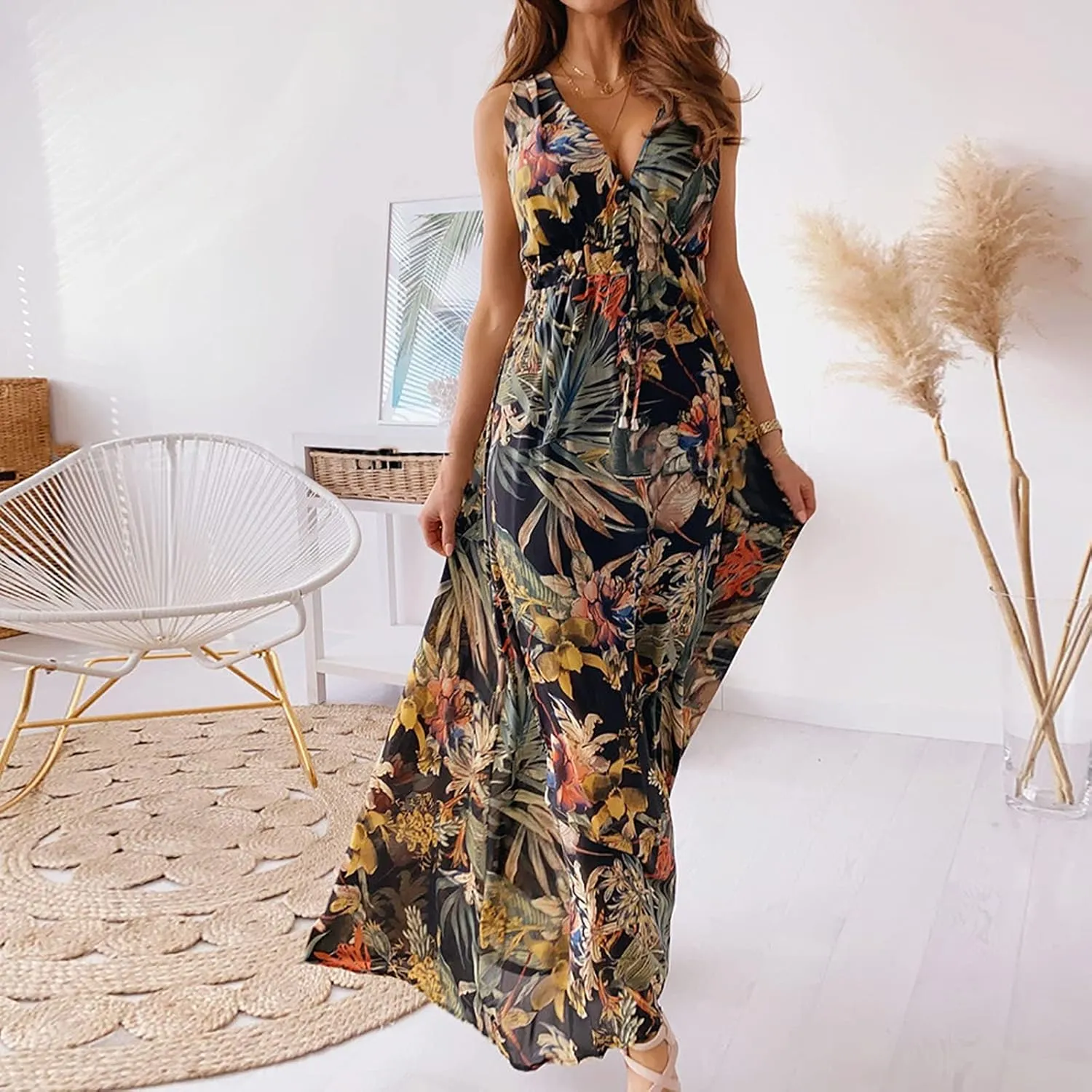 Summer Dresses for Women 2024 Spring Trendy Elegant Wrap V Neck Floral Boho Dress Flowy Ruched Hawaiian Beach Maxi