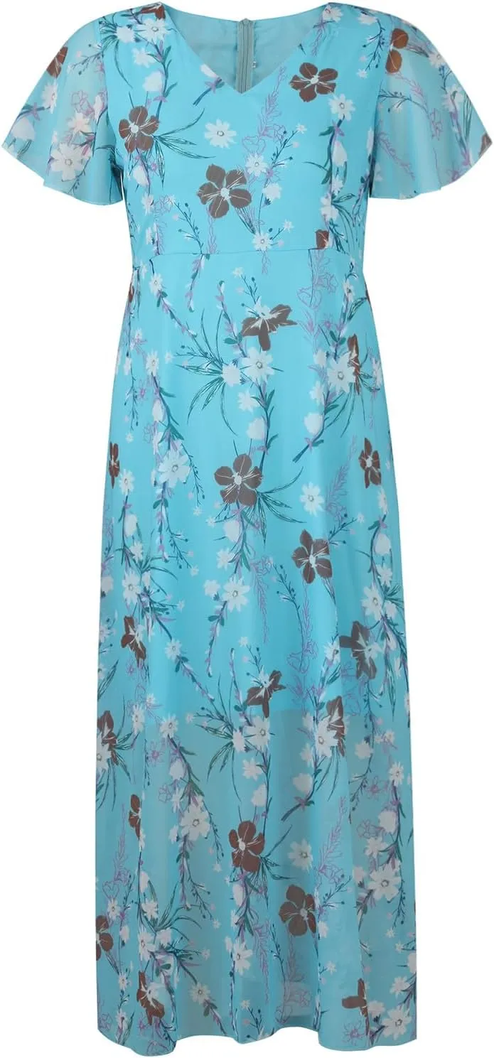 Summer Dresses for Women 2024 V Neck Ruffled Sleeve Flowy Fashion Boho Elegant Cocktail Elegant Maxi Dress S-2XL