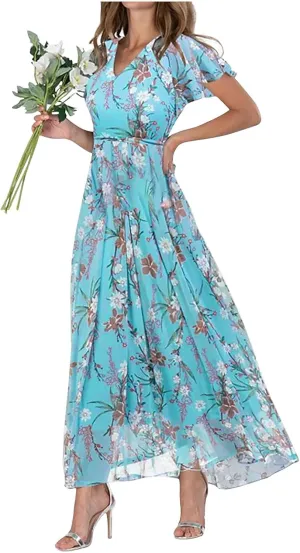 Summer Dresses for Women 2024 V Neck Ruffled Sleeve Flowy Fashion Boho Elegant Cocktail Elegant Maxi Dress S-2XL