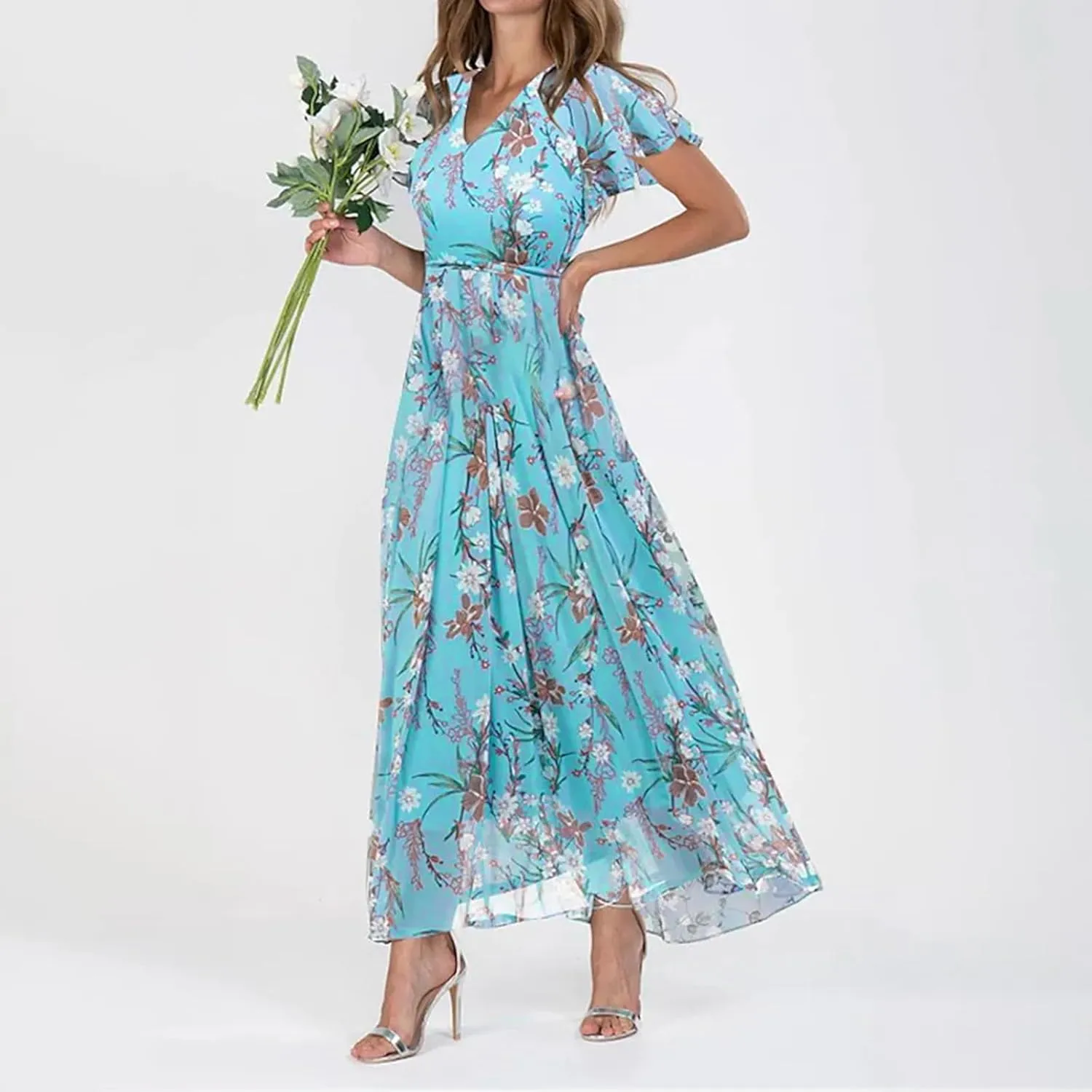 Summer Dresses for Women 2024 V Neck Ruffled Sleeve Flowy Fashion Boho Elegant Cocktail Elegant Maxi Dress S-2XL