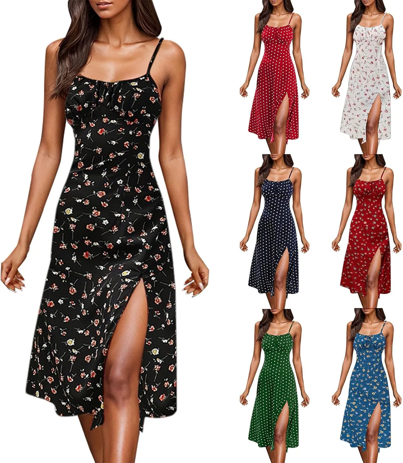 Summer Dresses for Women 2025 Polka Dot Dress Midi Dress Spaghetti Strap Slit Sundress Beach Vacation Clothes
