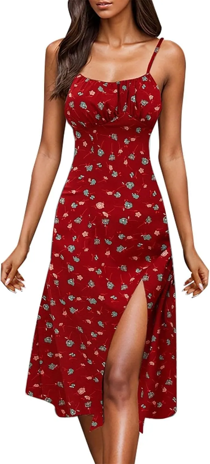 Summer Dresses for Women 2025 Polka Dot Dress Midi Dress Spaghetti Strap Slit Sundress Beach Vacation Clothes