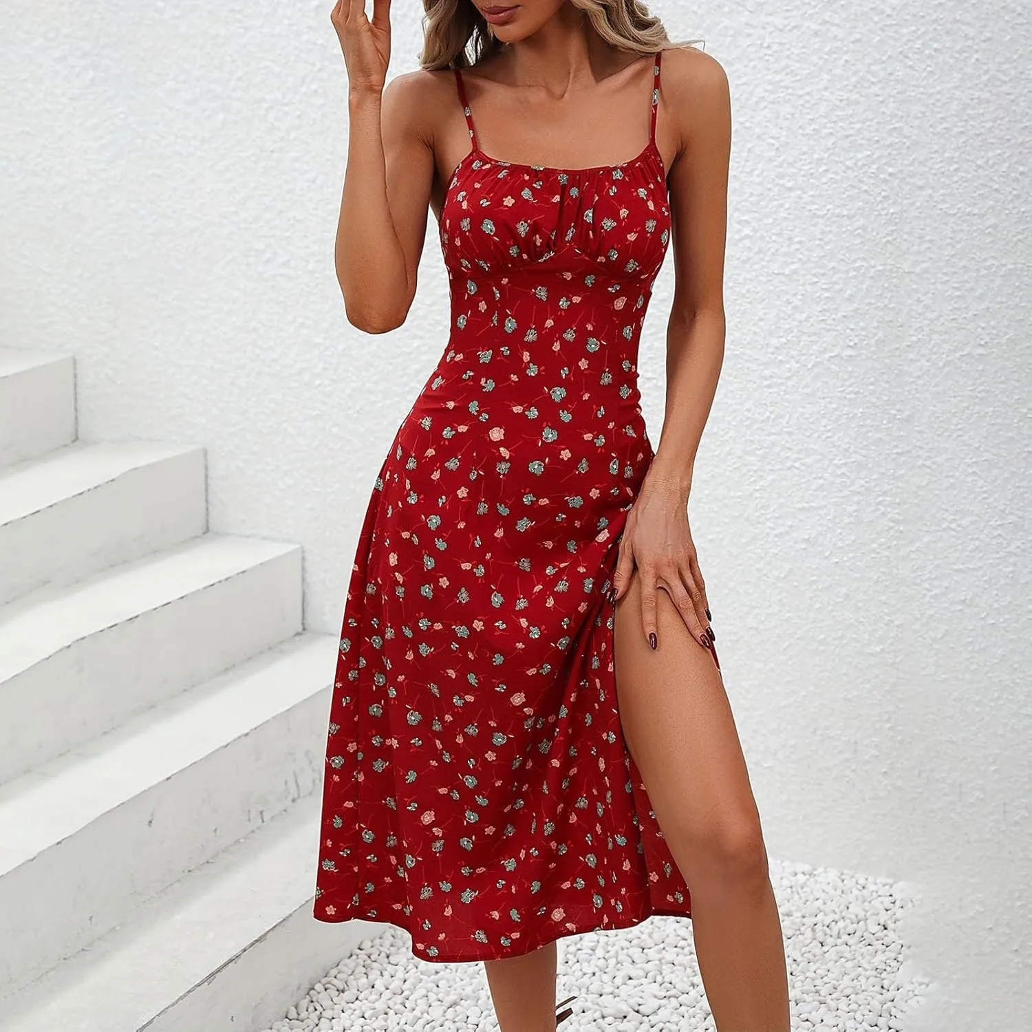 Summer Dresses for Women 2025 Polka Dot Dress Midi Dress Spaghetti Strap Slit Sundress Beach Vacation Clothes