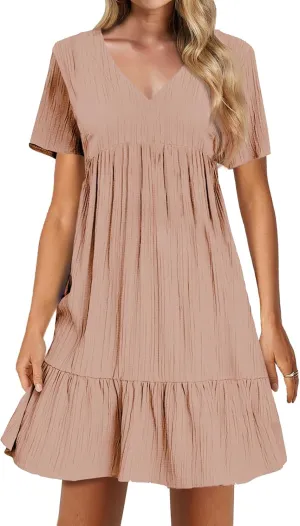 Summer Dresses for Women 2025 Vacation Short Sleeve V Neck Mini T Shirt Dress Pleated Ruffle Flowy Beach Sundresses