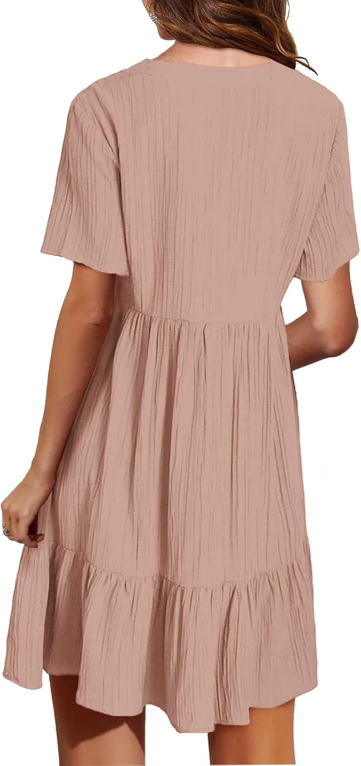 Summer Dresses for Women 2025 Vacation Short Sleeve V Neck Mini T Shirt Dress Pleated Ruffle Flowy Beach Sundresses