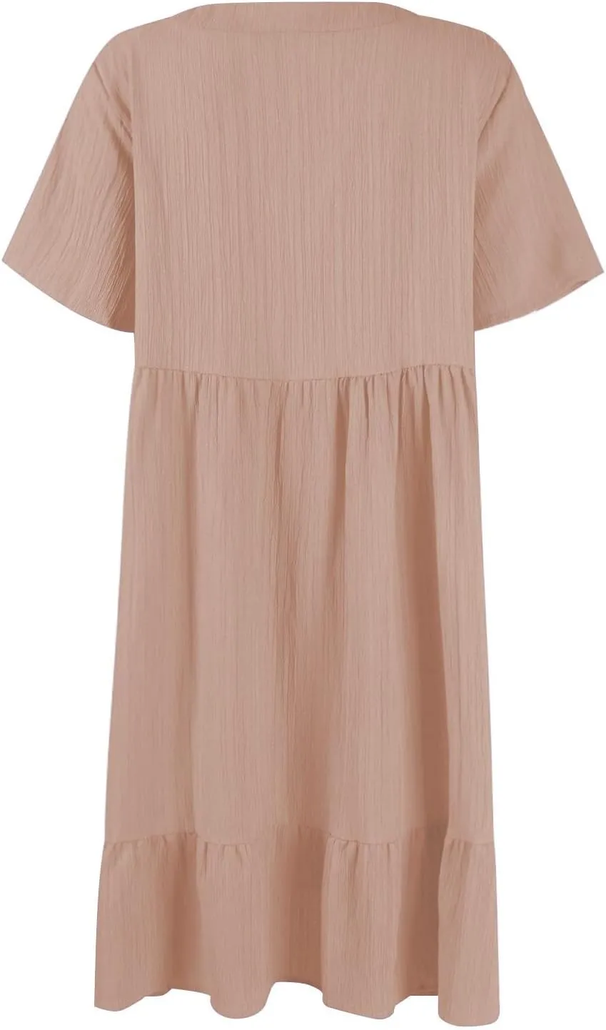 Summer Dresses for Women 2025 Vacation Short Sleeve V Neck Mini T Shirt Dress Pleated Ruffle Flowy Beach Sundresses