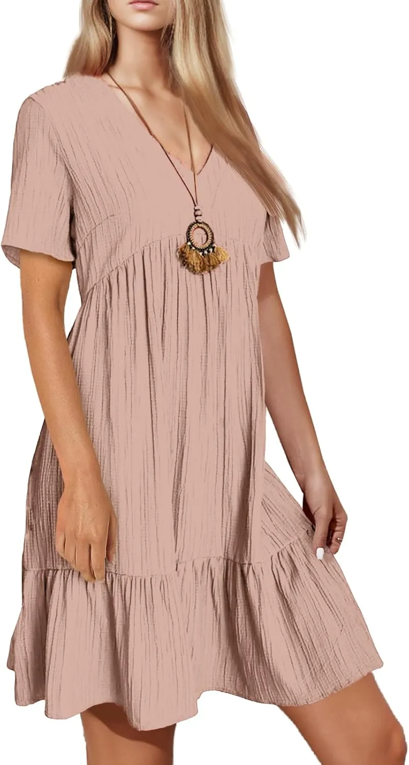 Summer Dresses for Women 2025 Vacation Short Sleeve V Neck Mini T Shirt Dress Pleated Ruffle Flowy Beach Sundresses
