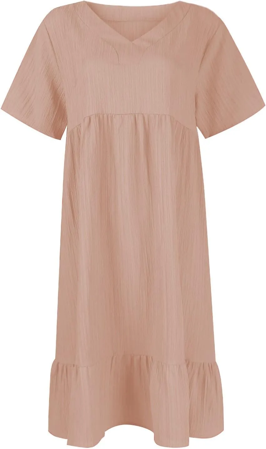 Summer Dresses for Women 2025 Vacation Short Sleeve V Neck Mini T Shirt Dress Pleated Ruffle Flowy Beach Sundresses