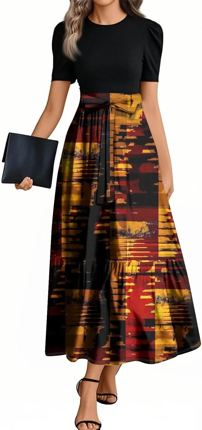 Summer Dresses for Women Elegant High Waist Maxi Dress Flowy Casual Long Dress A-Line Floral Printrd Dress with Belt
